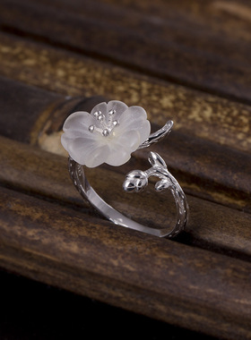云尚服饰s925银创意梅花树枝开口戒指女时尚气质白水晶花卉指环