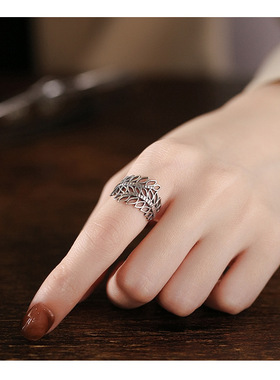 云尚服饰S925纯银复古国风镂空树叶钩针带线宽版食指环女