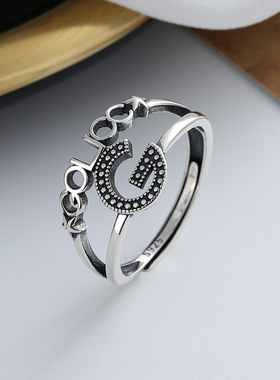 云尚服饰S925纯银复古双层字母钩针带线戒指