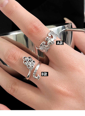 云尚服饰s925纯银凤凰孔雀蝙蝠微钩针带线开口戒指潮百搭个性指环