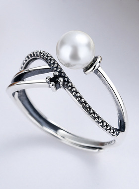 云尚服饰S925纯银韩版复古交叉珍珠钩针带线戒指