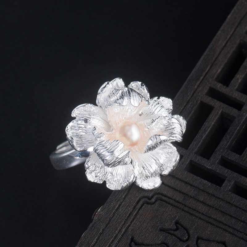 云尚服饰+复古s925银开口女式珍珠牡丹文艺简约中国风花朵戒指