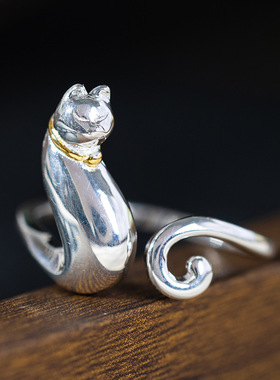云尚服饰s925银个性猫咪戒指女胖猫钩针带线小猫指环活口手饰品