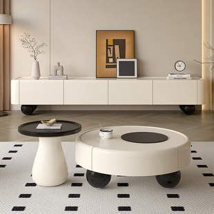 奶油风落地电视柜茶几组合客厅家用小户型法式中古风实木电视机柜