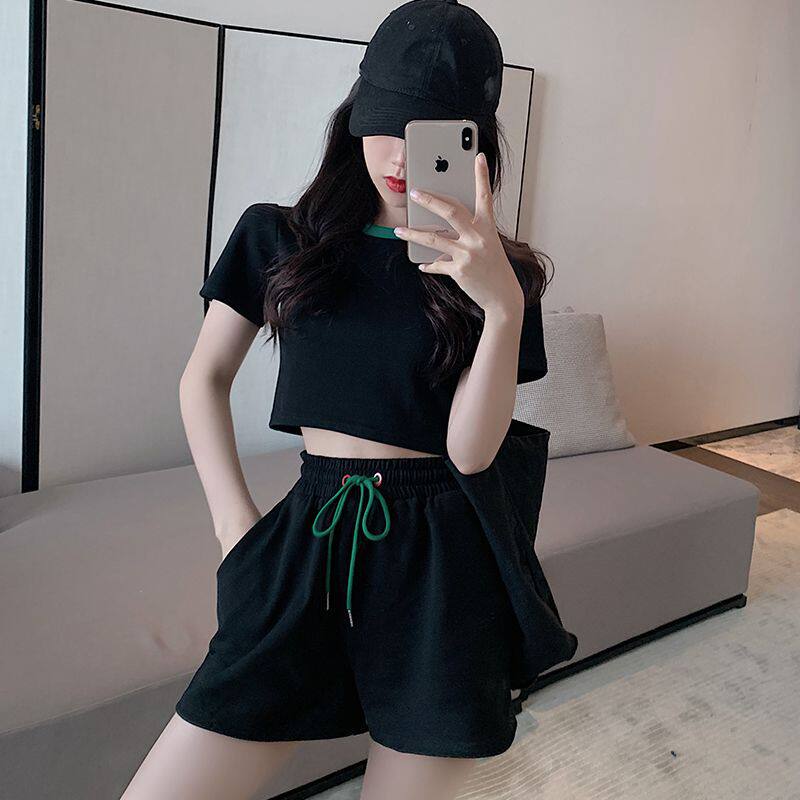 欧货小个子休闲夏季运动时尚衣服女套装显瘦短款短袖短裤两件套潮