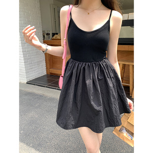 洋气时尚吊带裙女夏季百搭A字连衣裙夏季收腰显瘦设计感拼接短裙