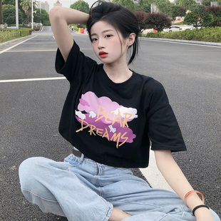 白色宽松t恤女2025夏季韩版印花发泡设计感高腰短款短袖上衣圆领