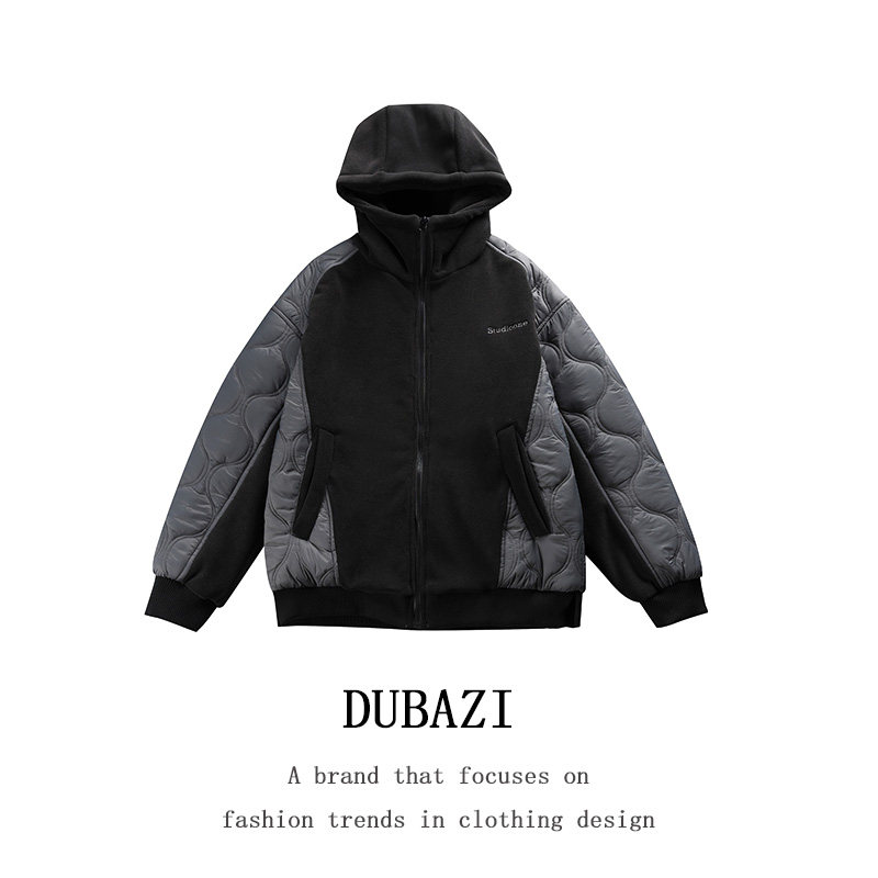 DUBAZI羔羊绒棉服男菱形纹连帽拼接棉衣潮牌男女同款外套冬季厚款