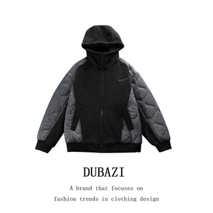 DUBAZI羔羊绒棉服男菱形纹连帽拼接棉衣潮牌男女同款外套冬季厚款
