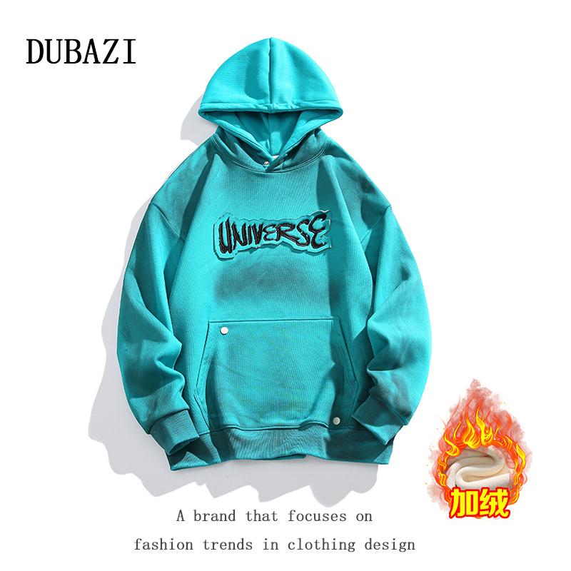 男士加绒连帽卫衣贴布绣美式废土风比伯同款潮牌宽松连帽衣服擦脏