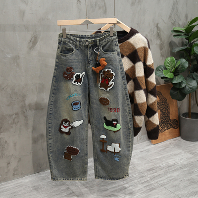 美式潮牌植绒刺绣卡通弯刀裤牛仔裤男高街宽松阔腿裤复古洗水长裤