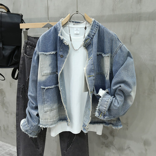 立领复古休闲夹克高街牛仔外套男