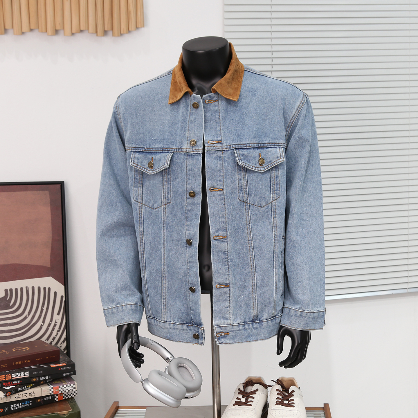拼接麂皮绒翻领复古宽松牛仔外套男款秋冬新款潮牌机车工装夹克潮