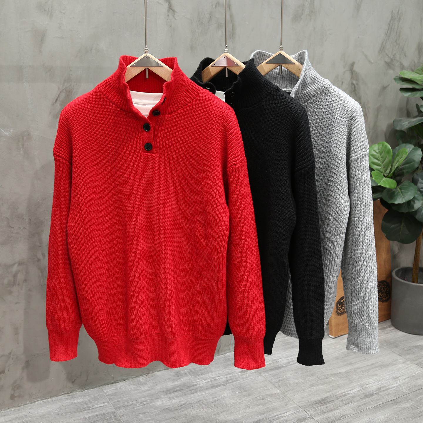 半高领排扣纯色套头毛衣男红色复古休闲百搭日系慵懒风针织衫上衣