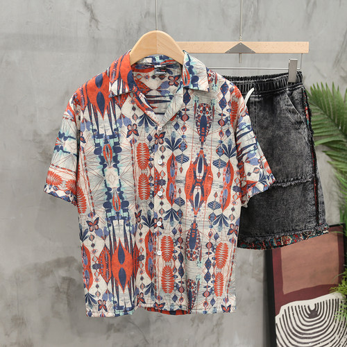 复古民族风冰丝垂感古巴领短袖衬衫男装夏季休闲宽松透气免烫衬衣