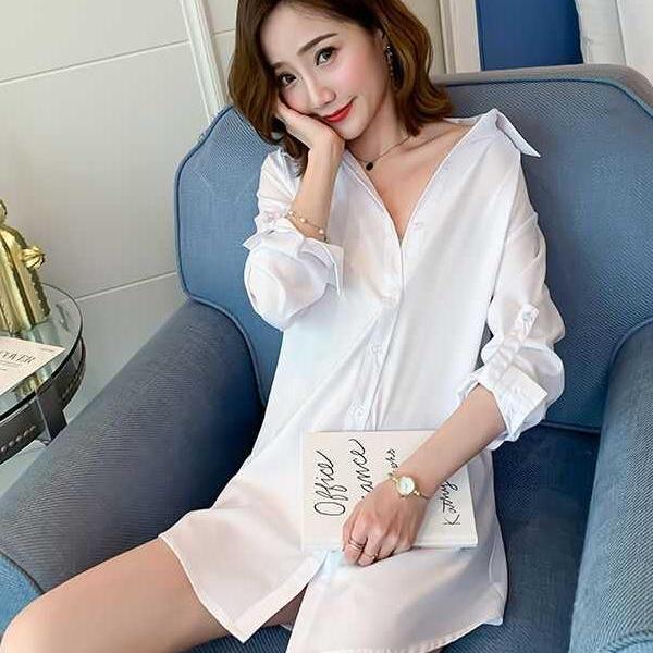 中长款纯色长袖韩版宽松BF男友风女士上衣睡衣衬衫裙今年流行百搭