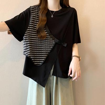 遮肚子格子拼接短袖t恤女