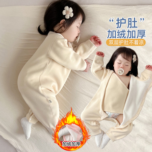 婴儿连体衣服加绒加厚秋冬款德绒小月龄宝宝打底保暖内衣冬天睡衣