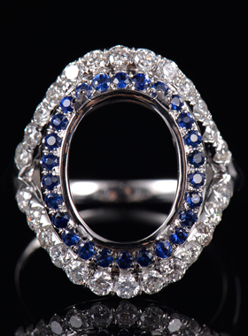 于凡珠宝 925银椭圆蓝宝石钻石戒指女满天星围镶时尚定制指环空托