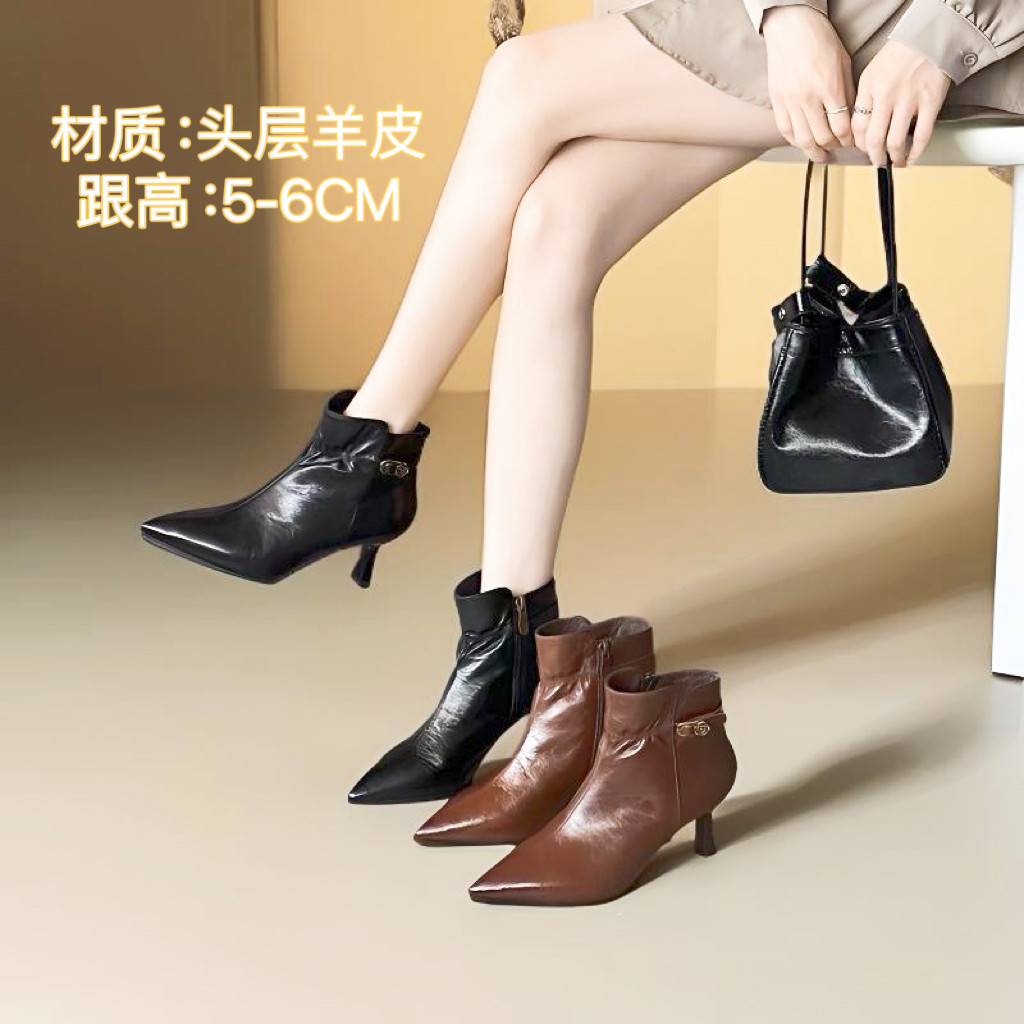 头层羊皮尖头时装靴皮带扣收口女士秋冬新款短筒靴细跟短靴188369