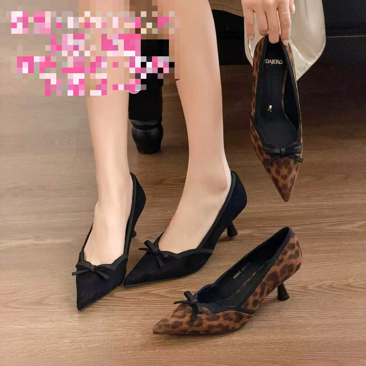 一代佳人豹纹蝴蝶结尖头浅口单鞋女细跟高跟鞋不累脚26X5839