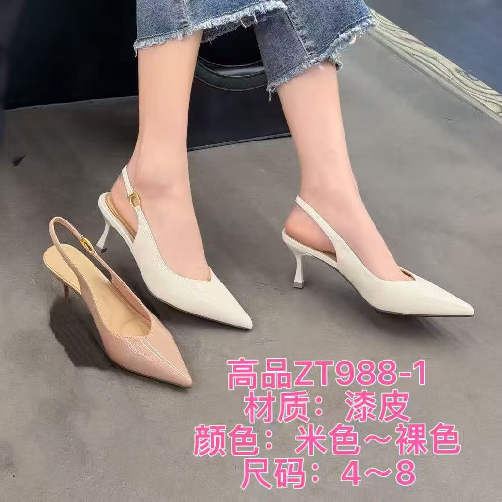 左她春夏季新款高跟凉鞋女尖头V口百搭细跟漆皮后空包头凉鞋988-1