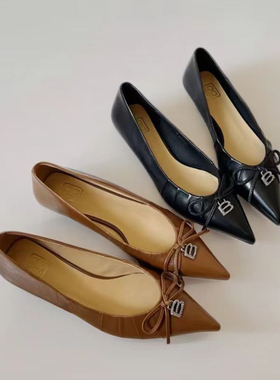 高端羊皮法式尖头淑女单鞋新款蝴蝶结摩卡棕浅口平底单鞋女63790