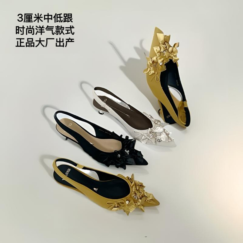 专柜正品新款3厘米百搭缎面蝴蝶结水钻法式淑女包头凉鞋26M1997