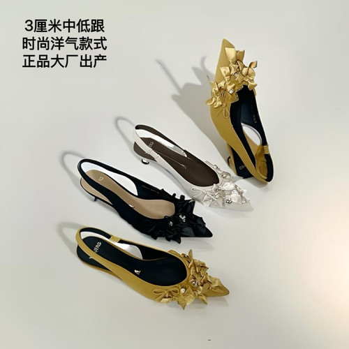专柜正品新款3厘米百搭缎面蝴蝶结水钻法式淑女包头凉鞋26M1997