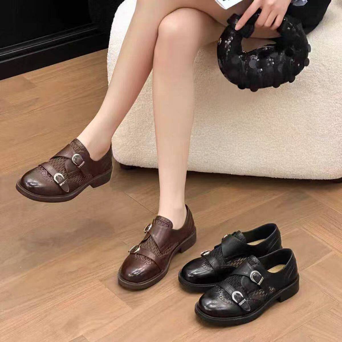 左她春夏新款复古圆头乐福鞋百搭皮带扣平底网面小皮鞋单鞋2018-5
