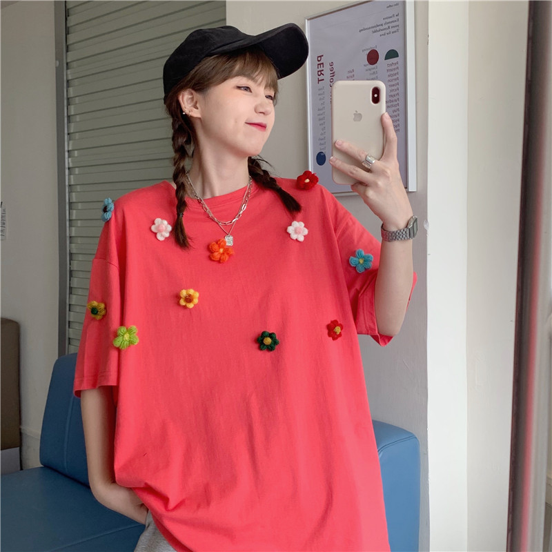 Real Korean version sweet flower short sleeve Female Minority summer loose student middle long T-shirt round neck top