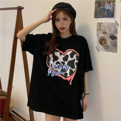 Real shot short sleeve t-shirt female letter love printing loose medium length