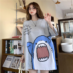 Cartoon shark print loose medium length short sleeve T-shirt
