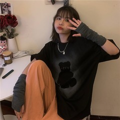 實拍 短袖T恤女圓領寬鬆原宿風小熊印花上衣潮