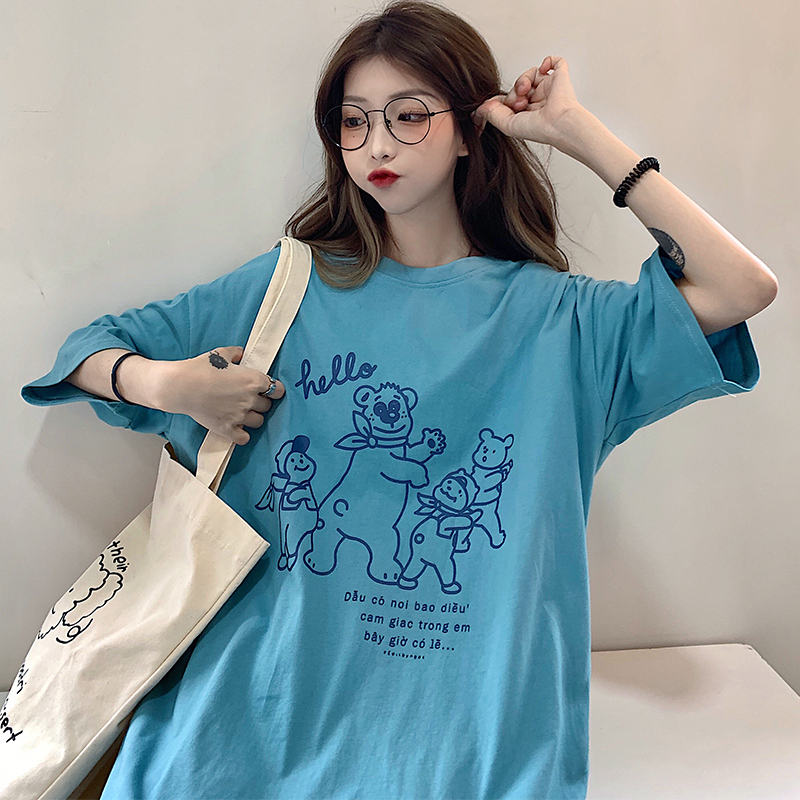 Korean dancing bear cartoon printed short sleeve T-shirt