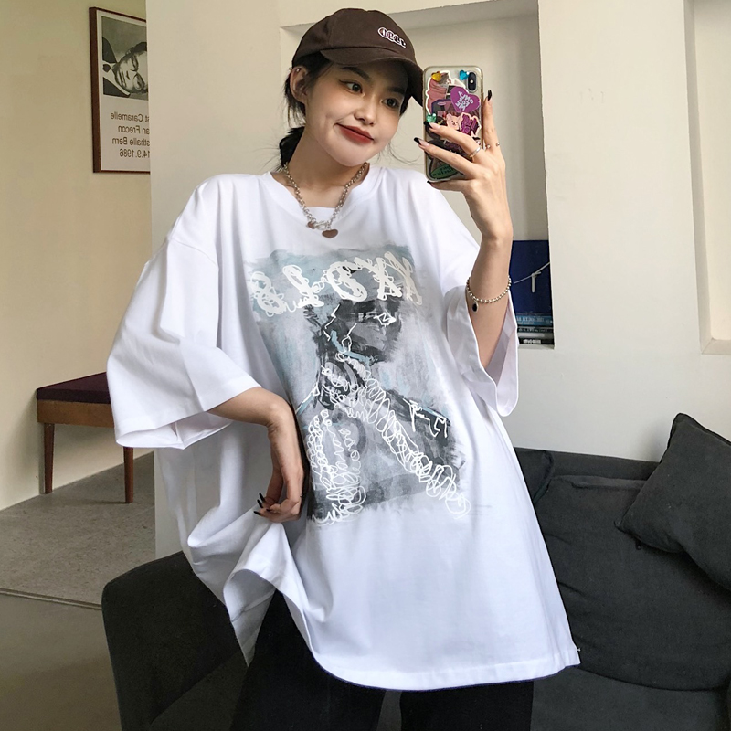 Original live shot Harajuku BF style printing loose Korean medium length T-shirt short sleeve top