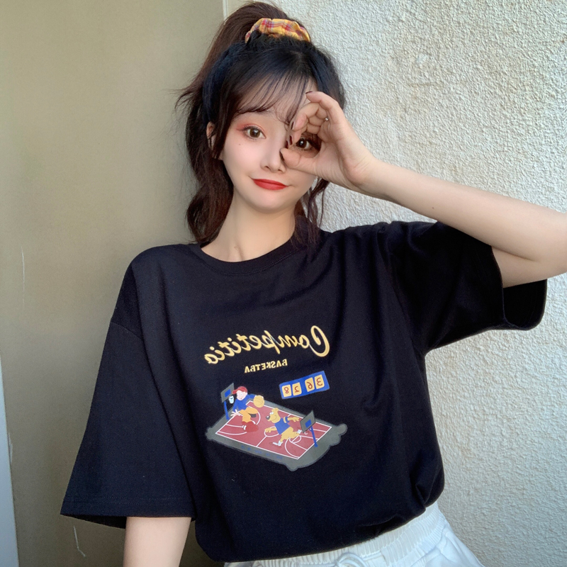 實拍夏季新款寬鬆圓領印花短袖恤女
