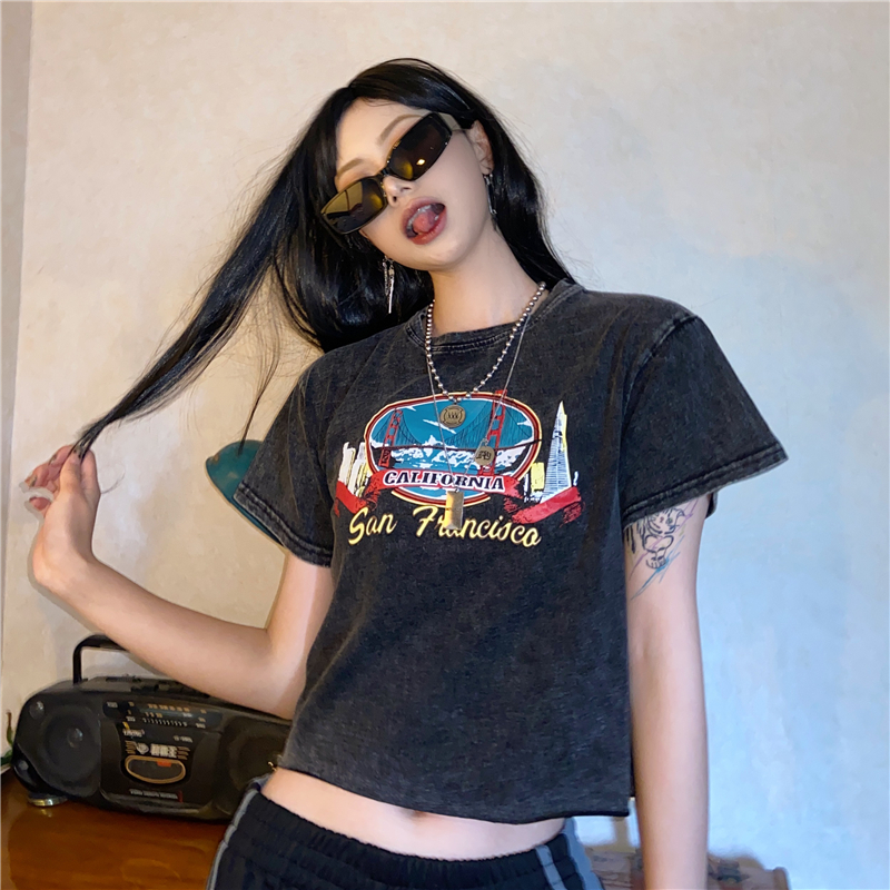 Real Korean version of Harajuku retro printed high waist open navel short sleeve T-shirt for women