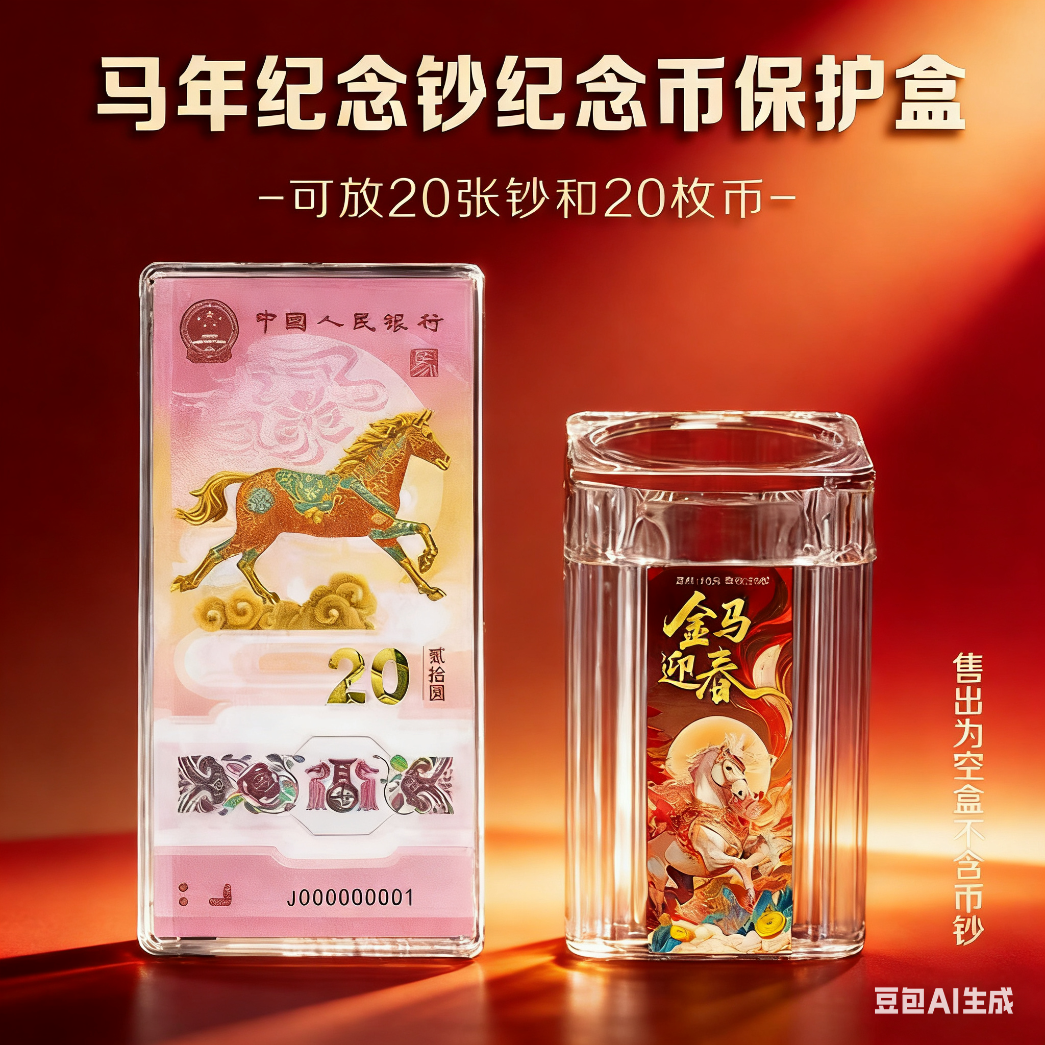 生肖马纪念钞刀币盒马钞1-20张收藏盒20元马纪念币卷币筒一卷整卷20枚单张纸币透明保护硬壳盒子钞币套装