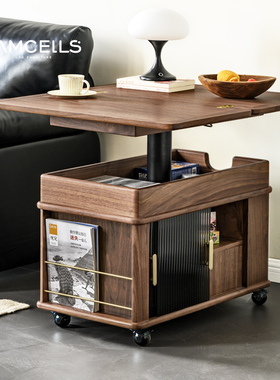 随意停升降可移动推车茶几黑胡桃木折叠功能沙发床头边柜实木边几