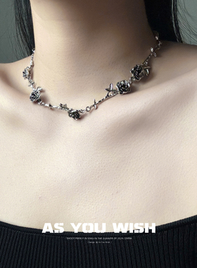 ASYOUWISH 轻奢设计复古黑色山茶花锁骨链暗黑项链锁骨链choker女