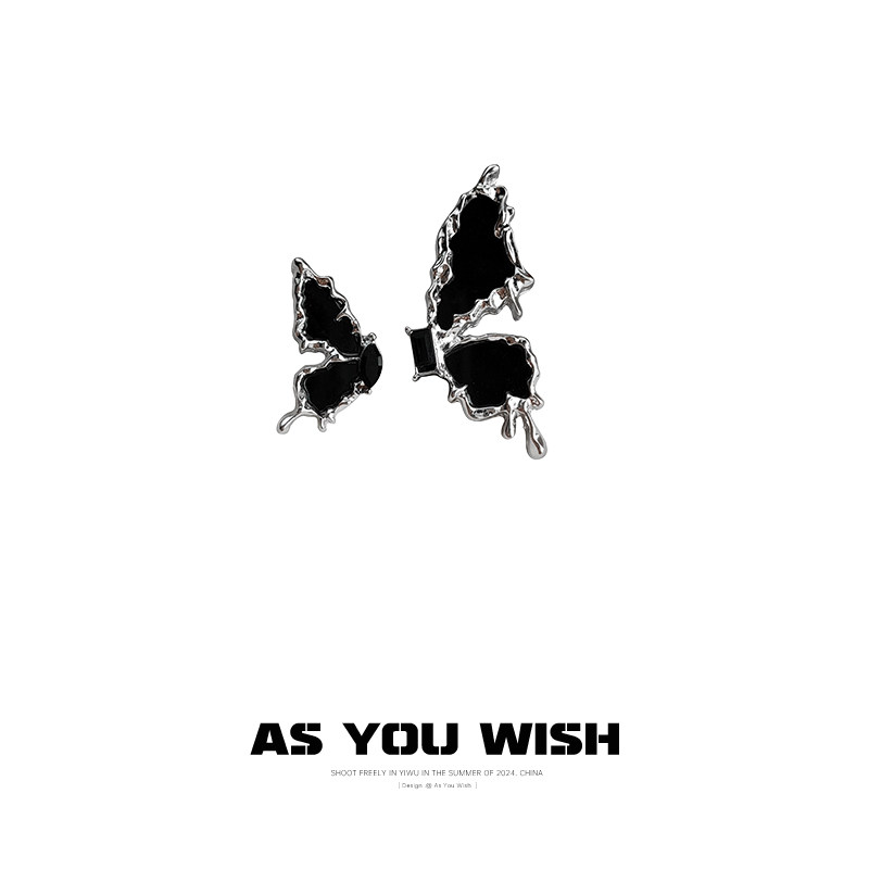 ASYOUWISH 个性设计不对称黑蝴蝶耳钉ins风百搭甜酷百搭银针耳饰