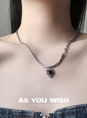 甜酷黑色锆石爱心双层项链