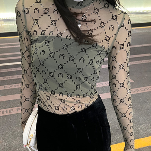 长袖月亮植绒网纱打底衫