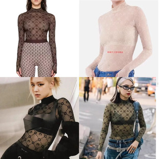 月牙长袖 marine serre月亮网纱镂空打底衫 修身 植绒透视朴彩英同款