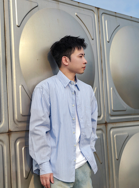 日系校园风蓝色条纹衬衫男廓形春秋季宽松cityboy潮流少年感衬衣