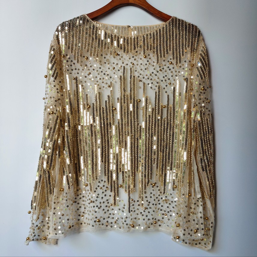 韩版新款女装名媛甜美透视重工艺条纹生日宴会婚礼钉珠长袖亮片衫