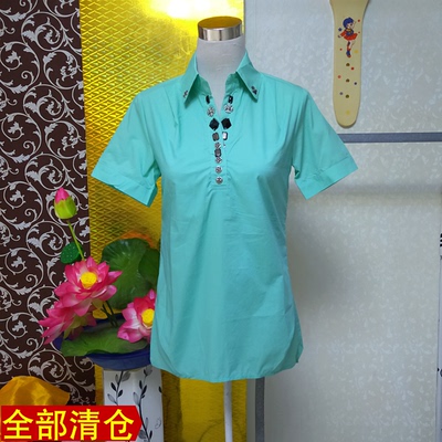 纯棉夏季短袖镶钻金属套头衬衣