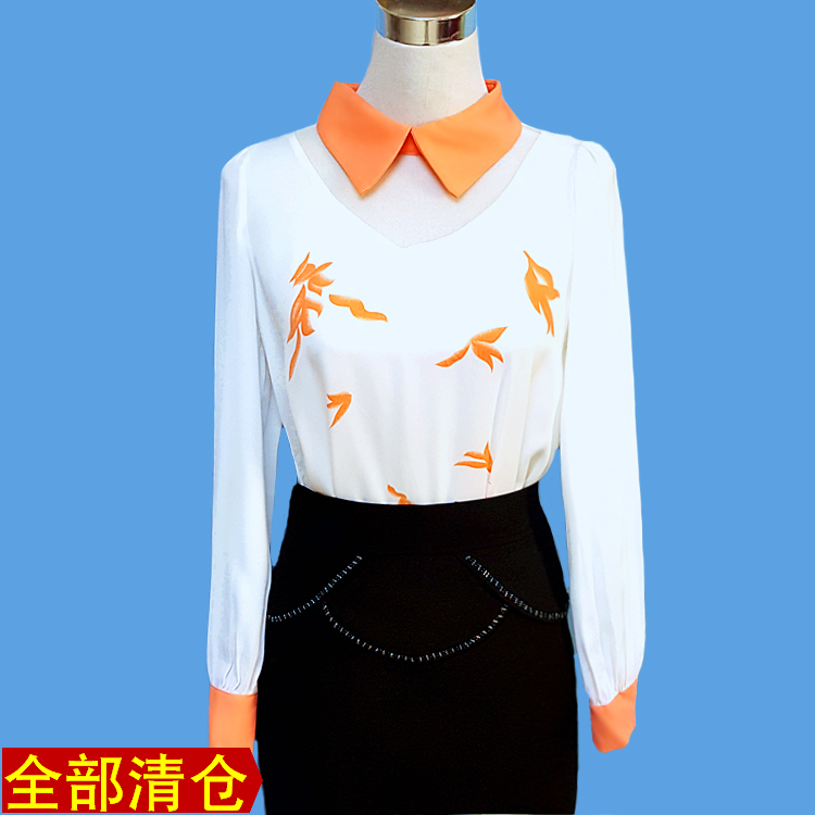品牌折扣撤柜尤加迪曼雪纺衫女长袖宽松衬衫娃娃领短款打底衫