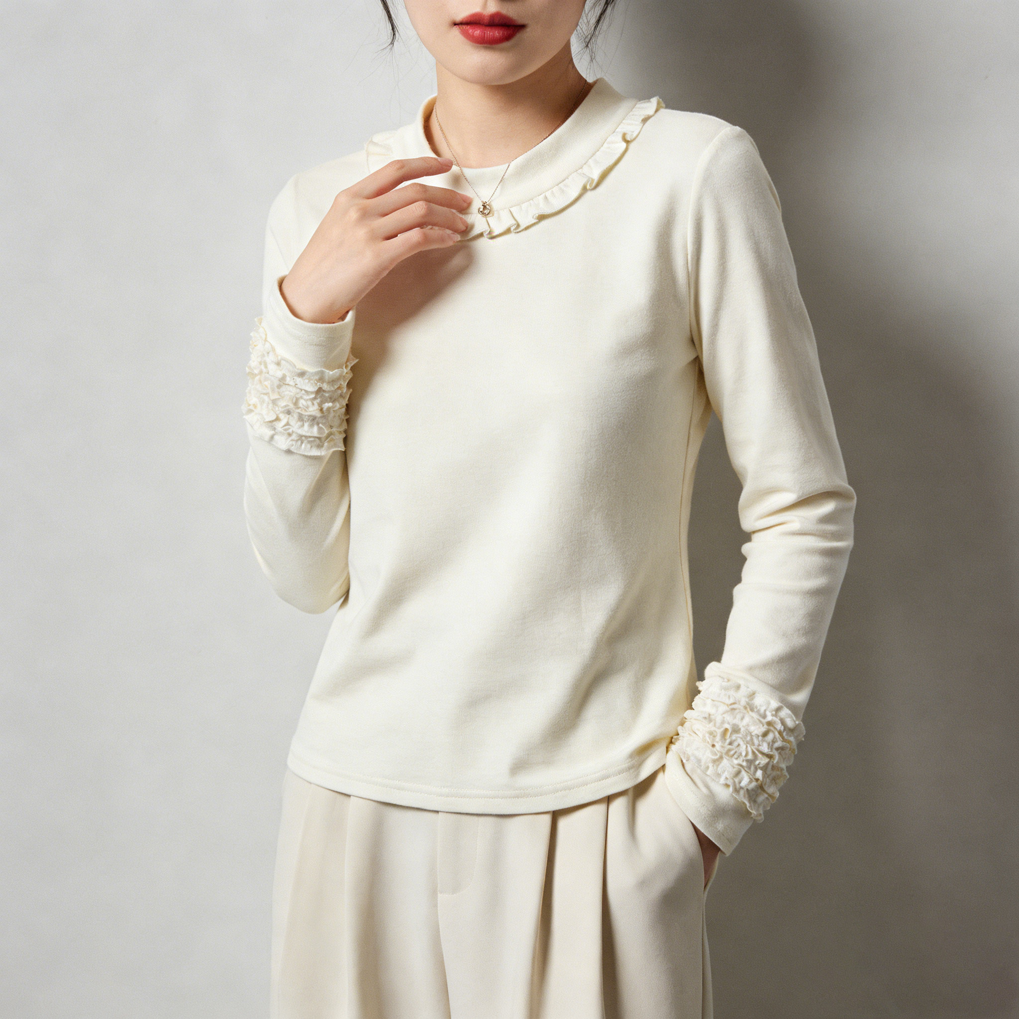 法式甜美风木耳边长袖加绒T恤女春季新款打底衫修身显瘦上衣,女装/女士精品,T恤,淘宝优惠券,粉丝福利购,淘宝优惠卷